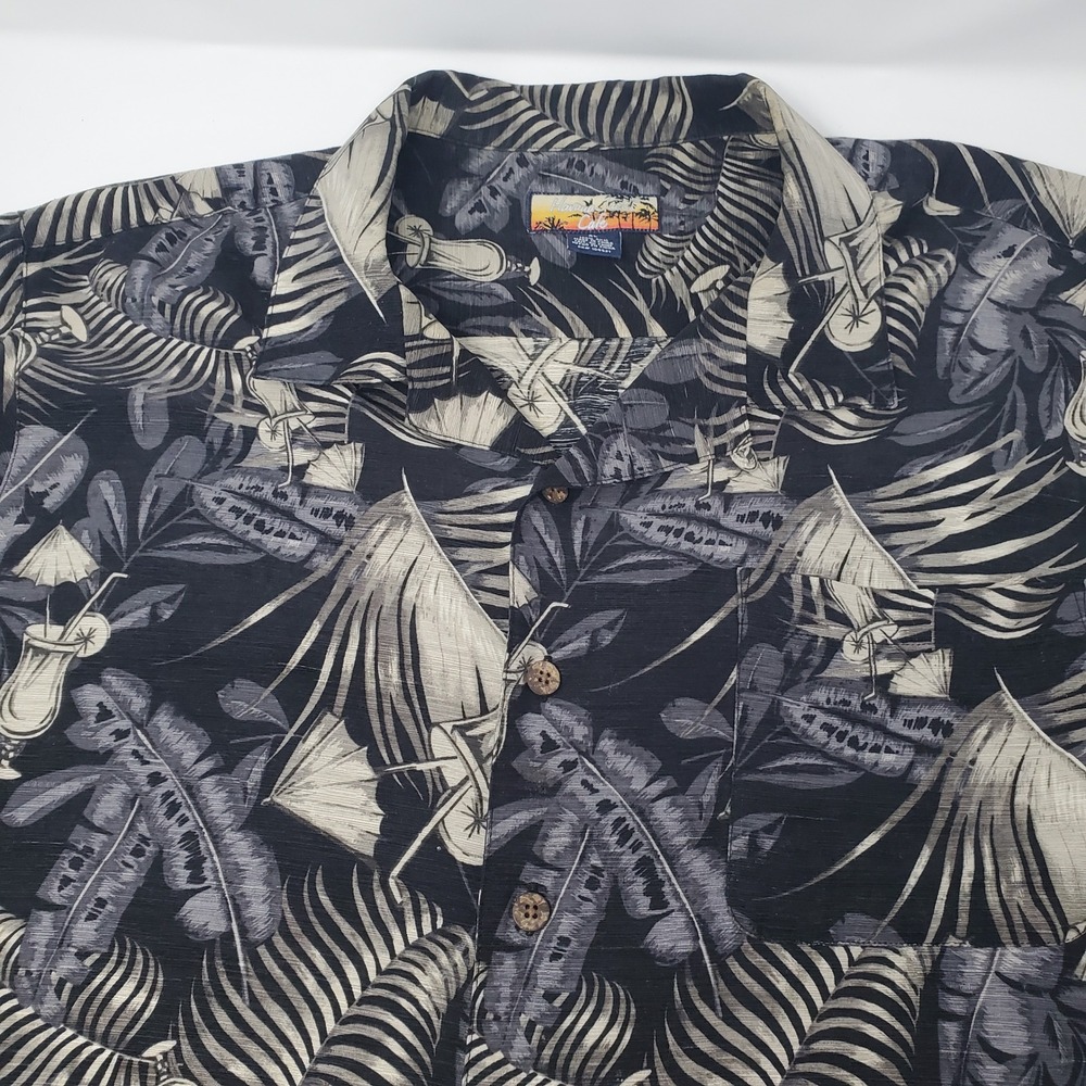 Havana Jack's Cafe Silk Shirt Mens XL Black Grey Tropical Cocktail Button Down